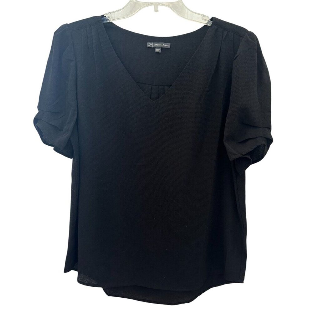 Adrianna Papel Black Cinched Sleeve Crepe Back Pleats Blouse Size Large